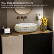 Plantex Tabletop Wash Basin for Bathroom/Designer Ceramic Basin/Oval Vessel Sink Basin for Home/Hotel (23x16x7 inch - White & Gold)