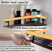 Plantex Self Adhesive Bathroom Shelf/Bathroom Shelf for Wall Adhesive/Aluminium Wall Mounted Rack for Kitchen with Golden Railing and Magic Stickers-(12x5 inches, Gold & Black)
