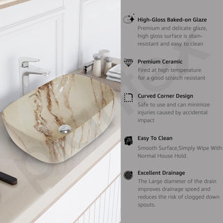 Plantex Ceramic Tabletop Washbasin/Bathroom Basin Sink/Wash Basin for Bathroom/Marble Basin/Basin for Restaurant, Hotel (Brown Veins, 18 x 13 x 5.5 Inch)