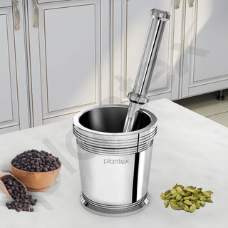 Plantex Heavy Stainless Steel Mortar & Pestle Set/Spice Mixer/Khalbatta/Khal/Okli Musal for Kitchen - Size 4(Dia: 8.7, H: 9 cm)
