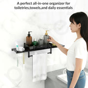 Plantex Stainless Steel 4in1 Multipurpose Bathroom Shelf/Rack/Towel Hanger/Tumbler Holder/Soap Dish/Holder/Stand-Bathroom Accessories (18 X 5 Inches-Matt Black)