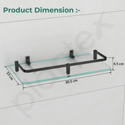 Plantex Bathroom Accessories - Wall Mounted Bathroom Shelf/Glass Shelves for Kitchen/Living Room with Black Brass Railings (Frosted - 12x6 Inches - Pack of 3)