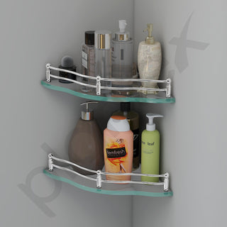 Plantex Wall Mounted Corner Glass Shelf for Bathroom/Corner Shelf for Kitchen/Transparent Glass Shelf, Flower Shape (9x9 Inches - Pack of 2)