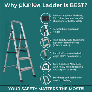Plantex Big Foot 4 Step Ladder for Home/Fully Aluminium Folding Ladder/Wide Anti-Skid Steps (Black-Silver)