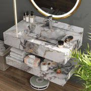 Plantex Slab Tile Floating Vanity with Washbasin for Bathroom/Wall Mount Wash Basin with Cabinet Full Set - 32 x18 inch (ED-Gold-Marble Finish)