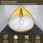 Plantex Ceramic Wash Basin/Corner Basin for Bathroom/Round Designer Tabletop Basin/Vessel Sink for Home/Office (14x14x6 inch - Gold & White)