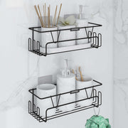 Plantex Bathroom Organiser Without Drill/Shelf for Wall Adhesive Black/GI Steel Shelf for Bathroom with Side Hooks/Washroom Accessories Set - Powder Coated (Pack of 2)