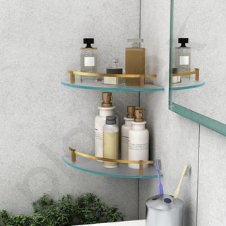 Plantex Premium Frosted Glass Corner Shelf for Bathroom/Glass Shelf/Storage Shelf - (12x12 in,Brass Antique-Pack of 2)