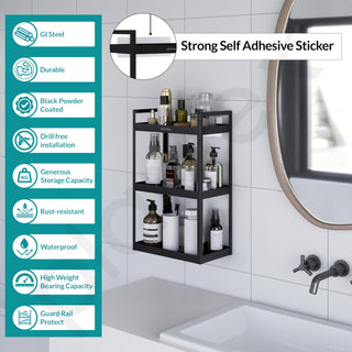 Plantex 3 Tier Self Adhesive Bathroom Shelf/Multipurpose Bathroom Countertop Storage Shelf/Metal Standing Spice Rack Storage Organizer for Kitchen(Black, Powder Coated)