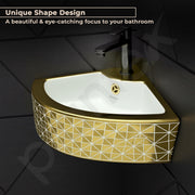 Plantex Ceramic Corner Basin/Wall Mount Washbasin for Bathroom/Small Corner Vessel Sink/Tabletop Wash Basin (Golden Cornia, 18 x 13 x 5 Inch)