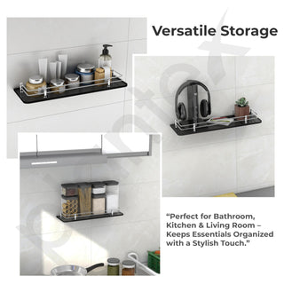 Plantex Premium Black Glass Shelf for Bathroom/Kitchen/Living Room - Bathroom Accessories (Polished, 18x6 Inches) - Pack of 3