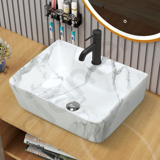 Plantex Ceramic Wash Basin for Bathroom/Rectangle Wall Mount Basin/Bathroom Sink/Washbasin for Restaurant/Hotel (Marble Finish - 16 x 12 x 5 Inch)
