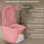 Plantex Imported Commode for Toilet/Ceramic Wall Hung Western Toilet/Rimless Washdown Flush Commode with Soft Closing Toilet Seat - P Trap Outlet (1167 - Secura Pink)