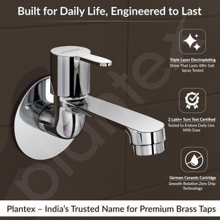 Plantex Long Body Bib Cock for Bathroom with Water Saving Aerator/Wall Mount Bib Tap with Wall Flange and Teflon Tape for Bathroom-7 Year Warranty (FLO-802-Chrome)