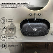 Plantex Ceramic Black Washbasin/Oval Tabletop Hand Wash Basin for Bathroom/Designer Washbasin Sink for Home/Office (22x13.5x6 Inch - Marble Finish)