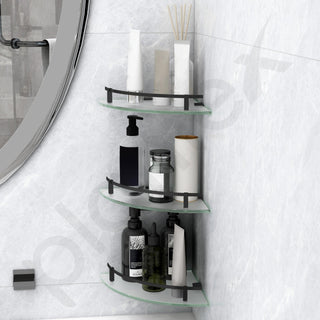 Plantex Premium Frosted Glass Corner/Shelf for Bathroom/Wall Shelf/Storage Shelf - (12x12 in,Black-Pack of 3)