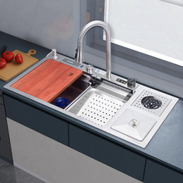 Plantex 304 Grade Stainless Steel Smart Waterfall Sink/Kitchen Sink with Integrated Waterfall, Cupwasher, Dustbin and Digital Display - All in One Sink for Kitchen (38x18x9 Inch - Silver Matt)