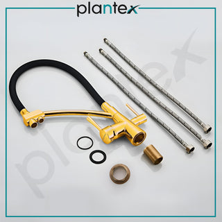 Plantex Pure Brass Kitchen Taps for Home Sink/3-in-1 Sink Mixer Tap with Built-in RO Outlet/360° Swivel Spout with Pull Down Kitchen Faucet-(Gold & Black)