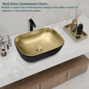 Plantex Table Top Wash Basin for Bathroom/Rectangle Ceramic Basin/Countertop Vessel Sink Basin for Home/Office/Hotel (Black & Gold - 18 x 13 x 5 Inch)