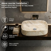 Plantex Wash Basin for Bathroom/Ceramic Table Top Washbasin/Countertop Vessel Sink Basin - (Cream Marble,  21.5 x 15 x 6 Inch)