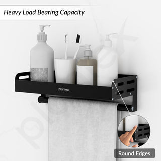 Plantex Aluminium Multipurpose Bathroom Shelf with Towel Rod with Movable Hooks/Bathroom Shelf Rack/Organizer for Bathroom Accessories - Wall Mount (Black)