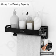 Plantex Aluminium Multipurpose Bathroom Shelf with Towel Rod with Movable Hooks/Bathroom Shelf Rack/Organizer for Bathroom Accessories - Wall Mount (Black)
