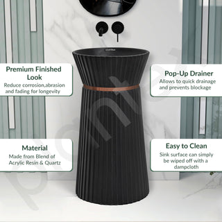 Plantex Round Pedestal Basin for Bathroom/Ceramic Designer One Piece Pedestal Free Standing Wash Basin for living Room/Hotel (Black-17x17x33.5 inch)