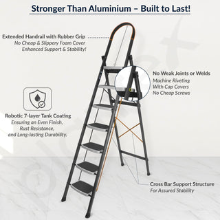 Plantex 7 Step Ladder-Foldable Steel -Wide Anti Skid Steps/5-Year Manufacturer Warranty(Grey & White)