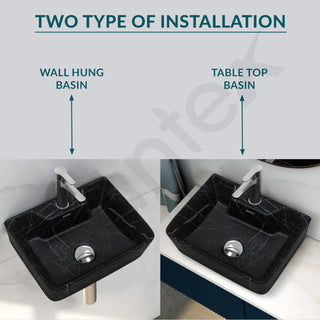 Plantex Wall Mount Wash Basin for Bathroom/Tabletop Designer Ceramic Basin/Rectangle Countertop Basin/Home/Office (Black-16x12x5 Inch)