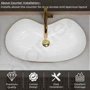 Plantex Ceramic Wash Basin for Bathroom/Table Top Washbasin/Designer Countertop Basin for Bathroom/Restaurants/Hotel (White&Gold - 24.5 x 13 x 5.5 Inch)