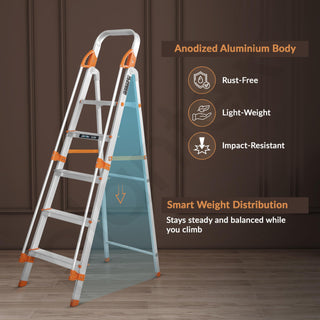 Plantex Secura 5 Step Aluminium Ladder for Home/Foldable Ladder with Support Hand Rail (Orange-Silver)