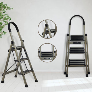 Plantex Guardex 3 Step Foldable Aluminum Ladder for Home/Anti-Slip Shoes and Edge Guards/5 Year Manufacturer Warranty Ladder for Home (Anodized Coated-Gold)