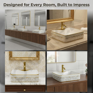 Plantex Ceramic Hand Wash Basin for Bathroom/Countertop Wash Basin/Rectangle Tabletop Basin for Home Restaurant/Hotel (19x15x5.5 Inch - White & Gold)