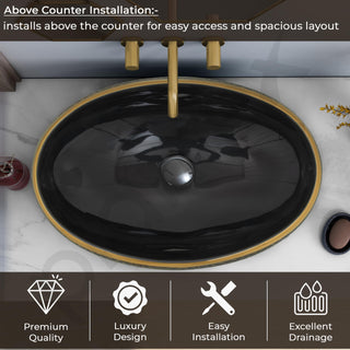 Plantex Ceramic Tabletop Washbasin for Bathroom/Designer Hand Wash Basin/Oval Vessel Sink Basin for Home/Hotel (23.5x16.5x6 Inch - Black & Gold)