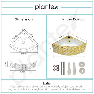 Plantex Ceramic Corner Basin/Wall Mount Washbasin for Bathroom/Small Corner Vessel Sink/Tabletop Wash Basin (Golden Cornia, 18 x 13 x 5 Inch)
