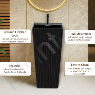 Plantex Pedestal Wash Basin/Acrylic Resin & Quartz Free Standing Wash Basin/Square Basin for Bathroom/Home/Office/Hotel - (10049, Black)