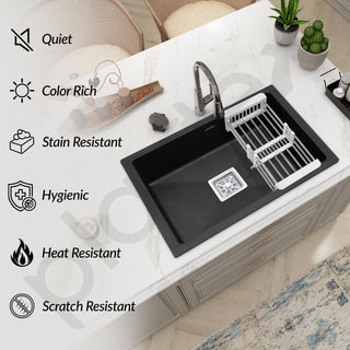 Plantex Quartz Single Bowl Kitchen Matt Sink/Sink For Kitchen/Undermount/Top Mounted (Black - 21X18 Inches)