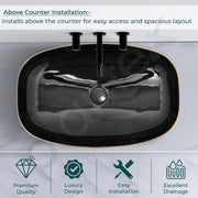 Plantex Wash Basin for Bathroom/Ceramic Counter Top Basin/Washbasin for Home/Office/Hotel - (Black & Gold - 23.5 x 15 x 5.5 Inch)