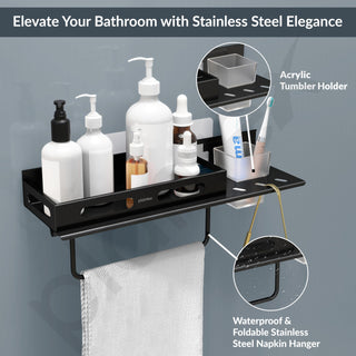 Plantex No Drill Bathroom Organizer/3in1 Stainless Steel Shelf for Wall with Foldable Napkin Holder and Tumbler Holder/Self Adhesive Bathroom Shelf -(Black-15 Inch)