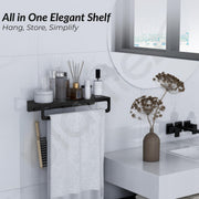 Plantex Alloy Steel No Drill Bathroom Organiser/Self Adhesive Wall Mount Multipurpose Shelf/Rack/Towel Rod/Hooks for Bathroom - Pack of 1 (15 x 5 Inch, Black)