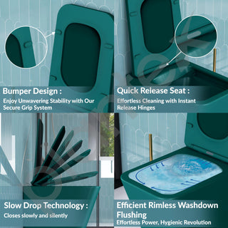 Plantex Imported Italica Commode for Toilet/Rimless Ceramic Wall Hung Western Toilet/Washdown Flush Bathroom Commode with Toilet Seat Cover - P Trap Outlet - (Aqua Green, Matt)