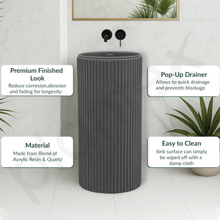 Plantex Acrylic Resin & Quartz Pedestal Basin for Bathroom/One Piece Pedestal Free Standing Round Wash Basin for living Room/Hotel (Grey)