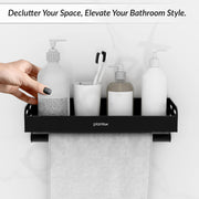 Plantex Aluminium Multipurpose Bathroom Shelf with Towel Rod with Movable Hooks/Bathroom Shelf Rack/Organizer for Bathroom Accessories - Wall Mount (Black)