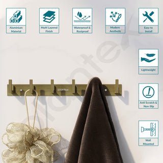 Plantex Aluminum Hook Rail with L-Shape Hooks for Walls of Bathroom/Kitchen–Hook Rail Bar for Clothes/Towel/Keys - Pack of 3 (6 Hooks, Brass Antique)