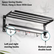 Plantex Stainless Steel Folding Towel Rack/Aluminium Bathroom Shelf/24 Inch Towel Hanger/12 x 5 Inch Multipurpose Shelf - Combo (Black)