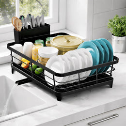 Plantex Dish Drying Rack/Dish Drainer With Tray and Tumbler/Smart Drainage System Drainboard with Detachable Cutlery Holder - Pack of 1 (43 X 32 X 12 cm, Black)
