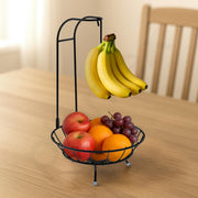 Plantex GI Steel Fruit Bowl with Banana Hanger/Banana Stand For Kitchen/ 2-in-1 Fruit Basket with Banana Hook (Colour- Black)