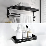 Plantex Stainless Steel Folding Towel Rack/Aluminium Bathroom Shelf/24 Inch Towel Hanger/12 x 5 Inch Multipurpose Shelf - Combo (Black)