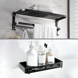 Plantex Stainless Steel Folding Towel Rack/Aluminium Bathroom Shelf/24 Inch Towel Hanger/12 x 5 Inch Multipurpose Shelf - Combo (Black)