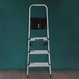 Plantex Big Foot 4 Step Ladder for Home/Fully Aluminium Folding Ladder/Wide Anti-Skid Steps (Black-Silver)